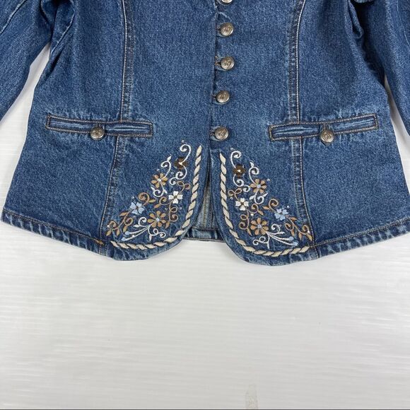 Vintage Signature Gordon & James Blue Denim Blazer Embroidered Lapels Women's M - Picture 3 of 9